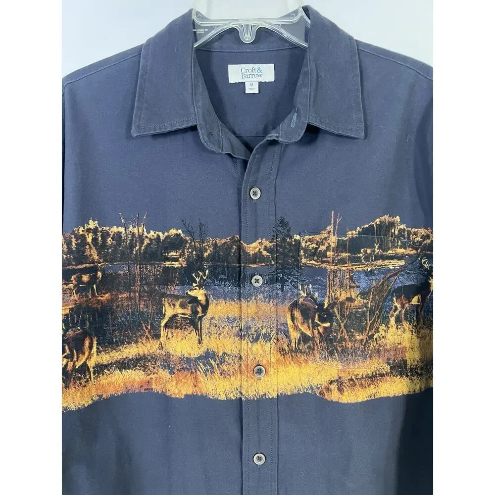 Croft & Barrow Shirt Mens M‎ Navy Deer Graphic Long Sleeve Button Up 100% Cotton